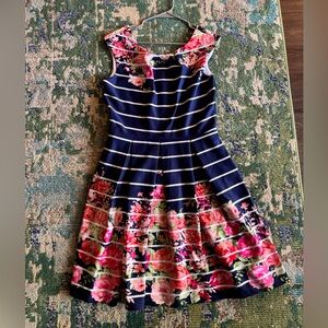 Neiman Marcus Asymmetrical Dress with Navy and Pink Floral Design